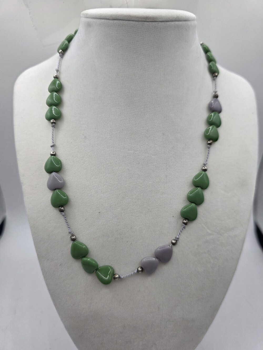Vintage Green Lilac Heart Glass Bead Knotted String Rope Necklace Boho Y2K